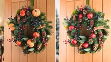 Split image of one wreath two ways with pumpkins for autumn and apples for Christmas to make it an all-season wreath