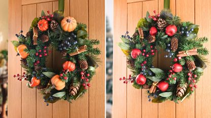 Split image of one wreath two ways with pumpkins for autumn and apples for Christmas to make it an all-season wreath