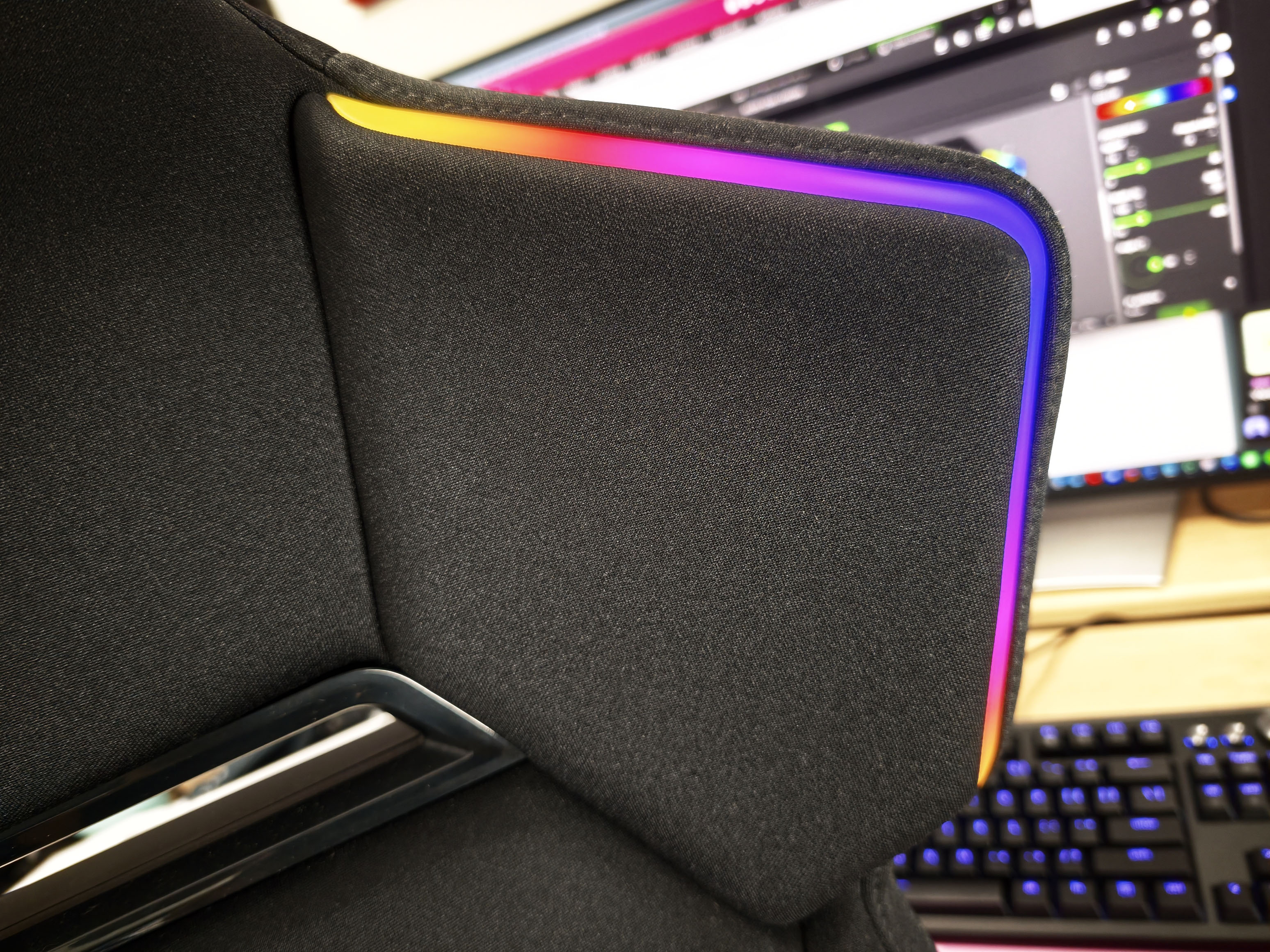 Close up photo of the Razer Soma Chroma gaming chair's multicolored LEDs.
