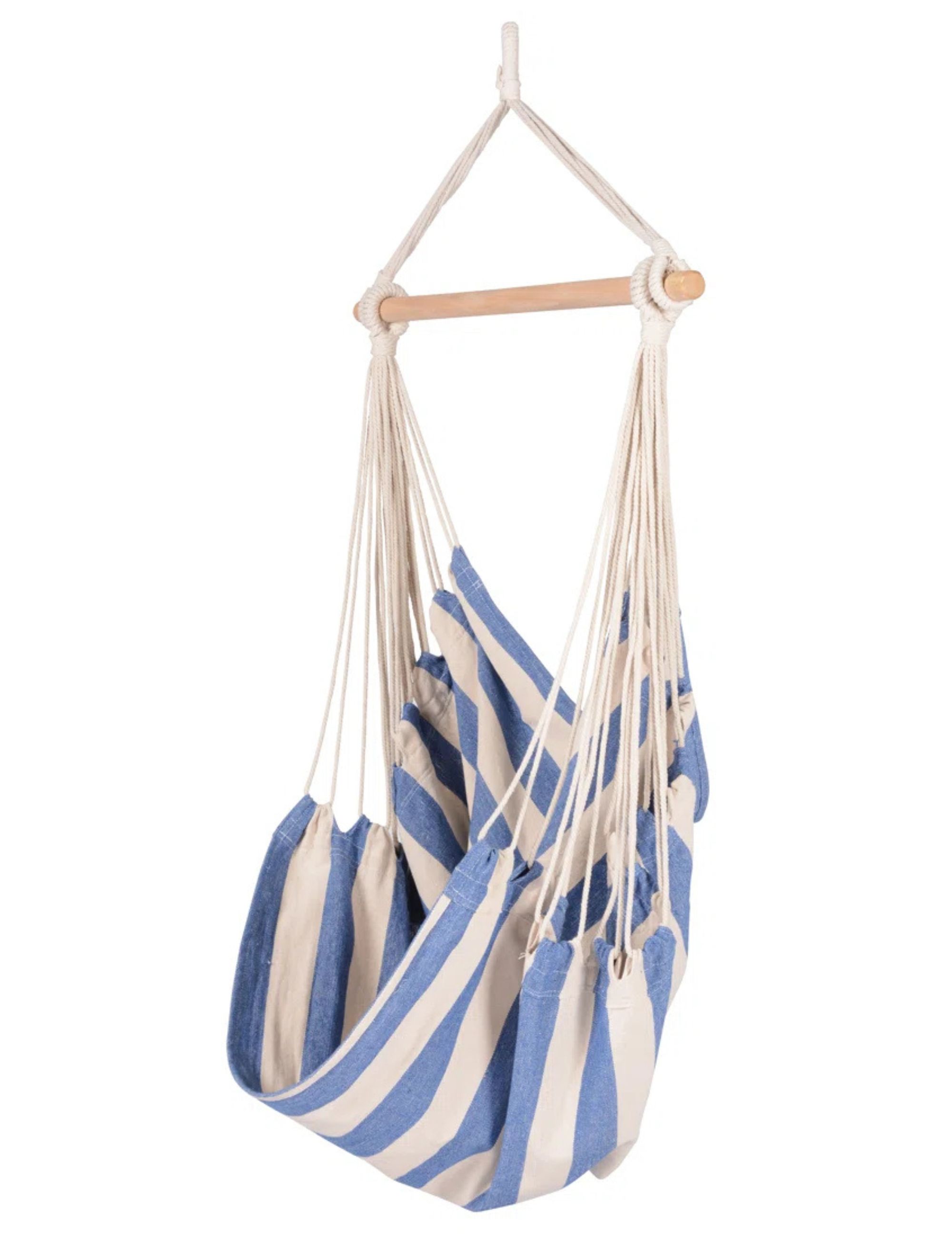 Blue and cream fabric hammock chair