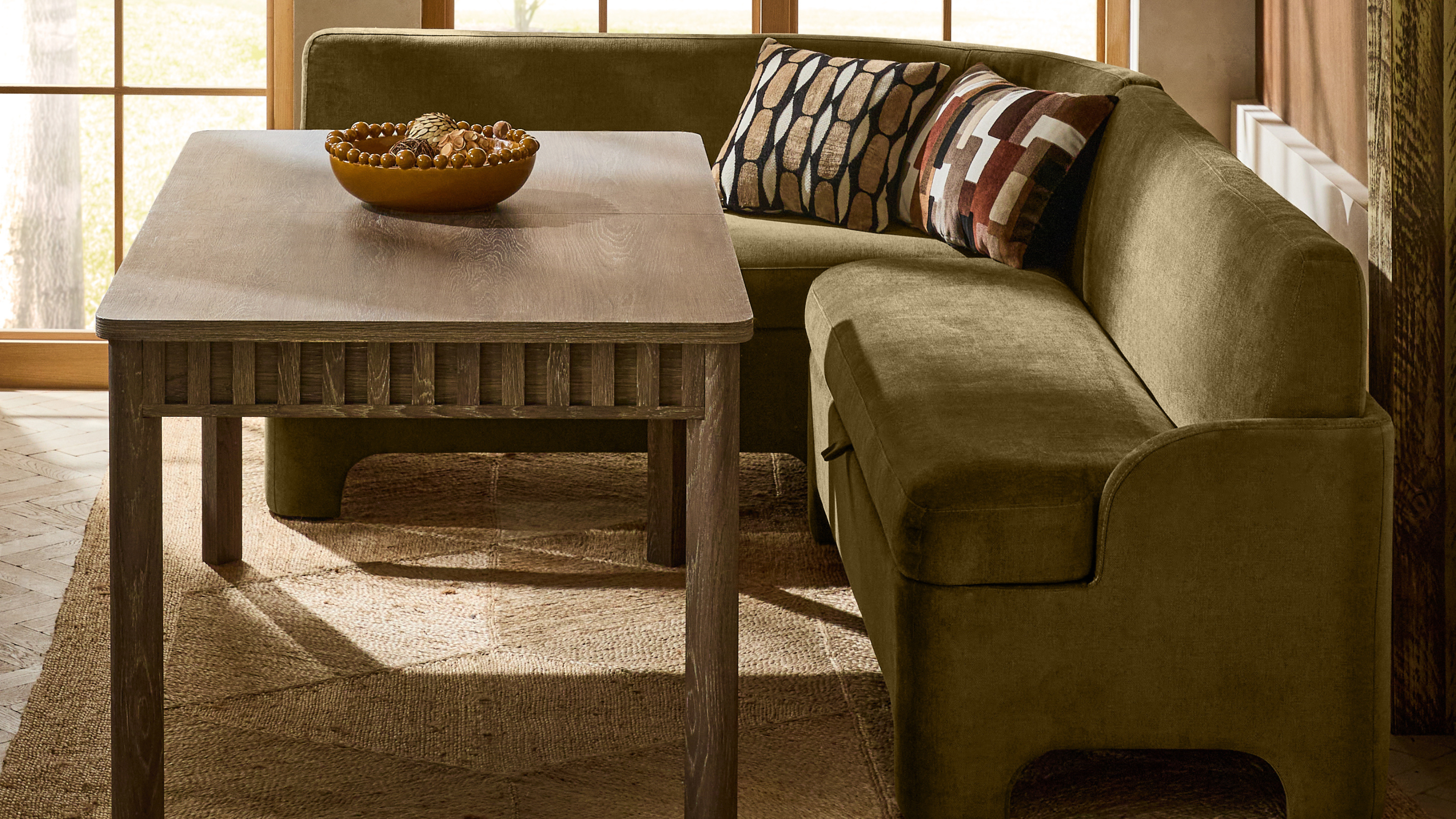 Fine Chenille Moss Green Ebony Corner Dining Bench - Size One