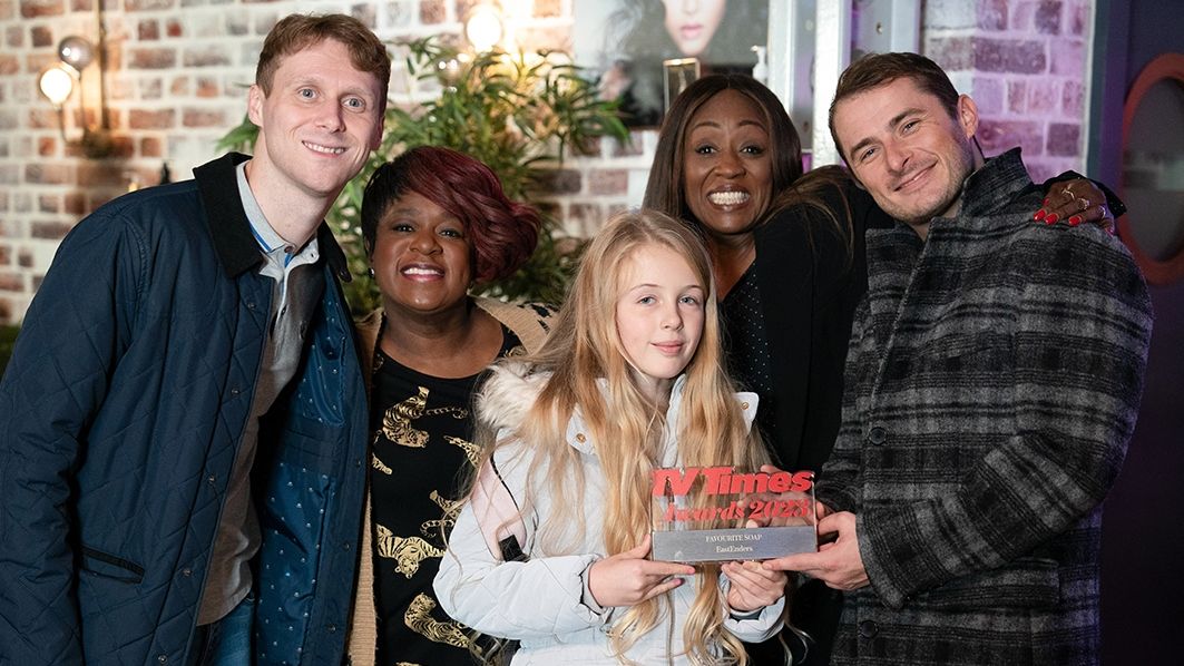 EastEnders cast collecting their award for the TV Times Awards 2023 best soap