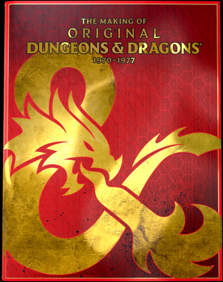 Image from the cover of the book The Making of Original Dungeons &amp; Dragons. It is a gold dragon ampersand logo on red background.