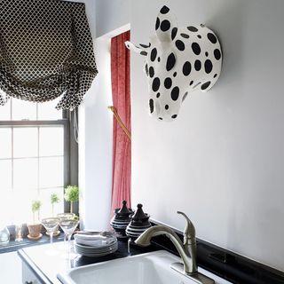 kitchen with white wall and cow head on it