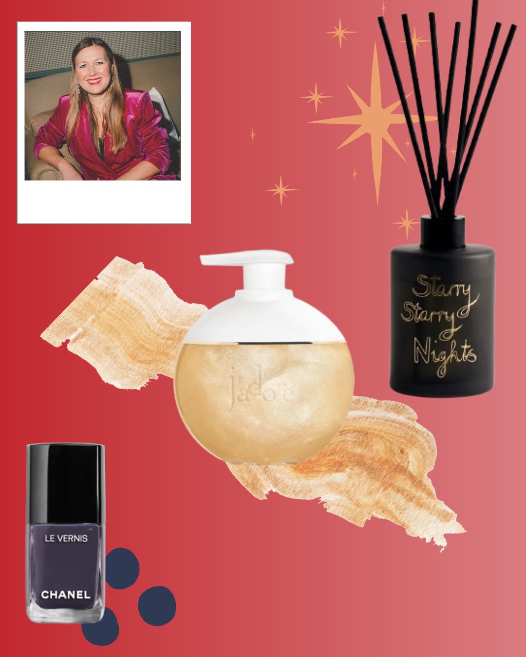 an image of beauty director Sarah&#039;s christmas gift picks on an ombre red background