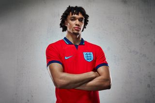 Trent Alexander-Arnold poses during the England New Kit Launch at St George's Park on March 23, 2022 in Burton upon Trent, England.