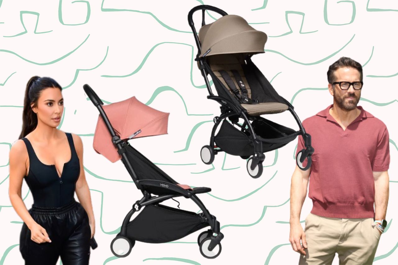 A collage of Kim Kardashian, Ryan Renolds and the Babyzen YOYO stroller