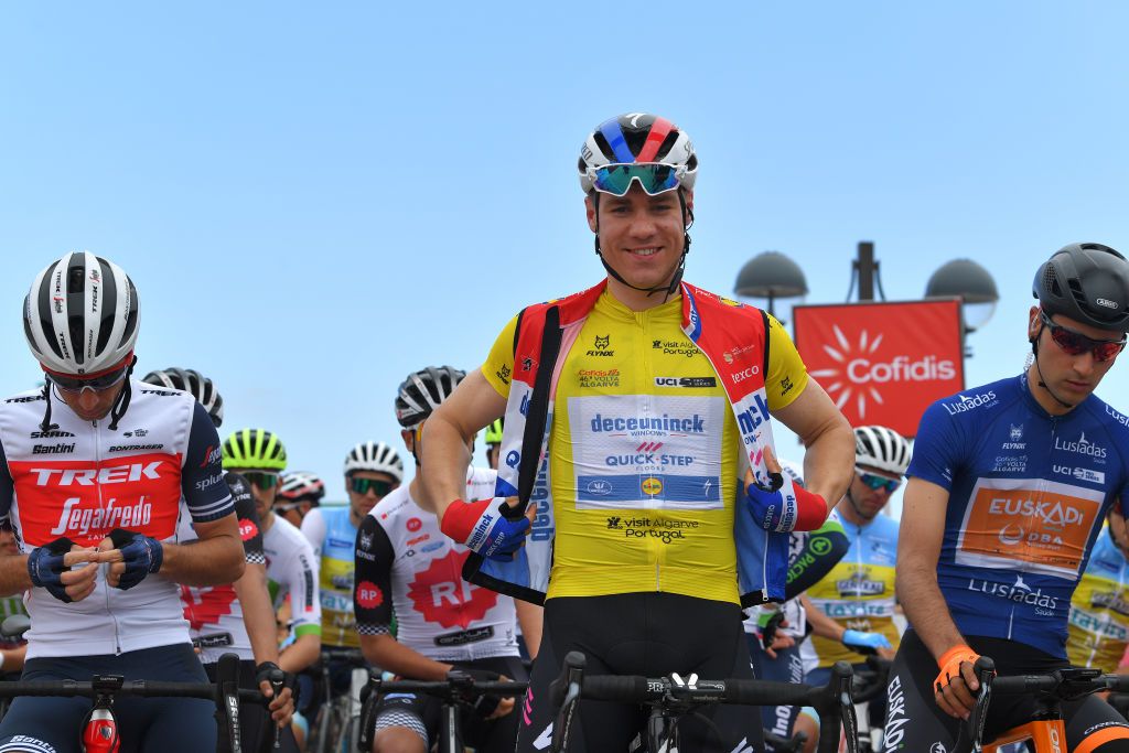 ALTO DA FIA MONCHIQUE PORTUGAL FEBRUARY 20 Start Fabio Jakobsen of The Netherlands and Team Deceuninck Quick Step Yellow Leader Jersey Diego Lopez of Spain and Team Fundacin Orbea Blue Mountain Jersey Sagres Vila do Bispo during the 46th Volta ao Algarve 2020 Stage 2 a 1839 km stage from Sagres Vila do Bispo to Alto da Fia 884m Monchique VAlgarve2020 on February 20 2020 in Alto da Fia Monchique Portugal Photo by Tim de WaeleGetty Images