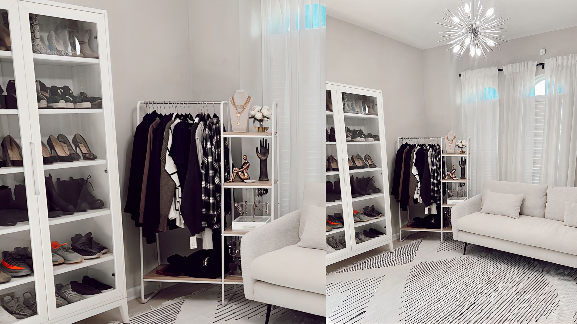 Glass cabinets in dressing room storing shoes