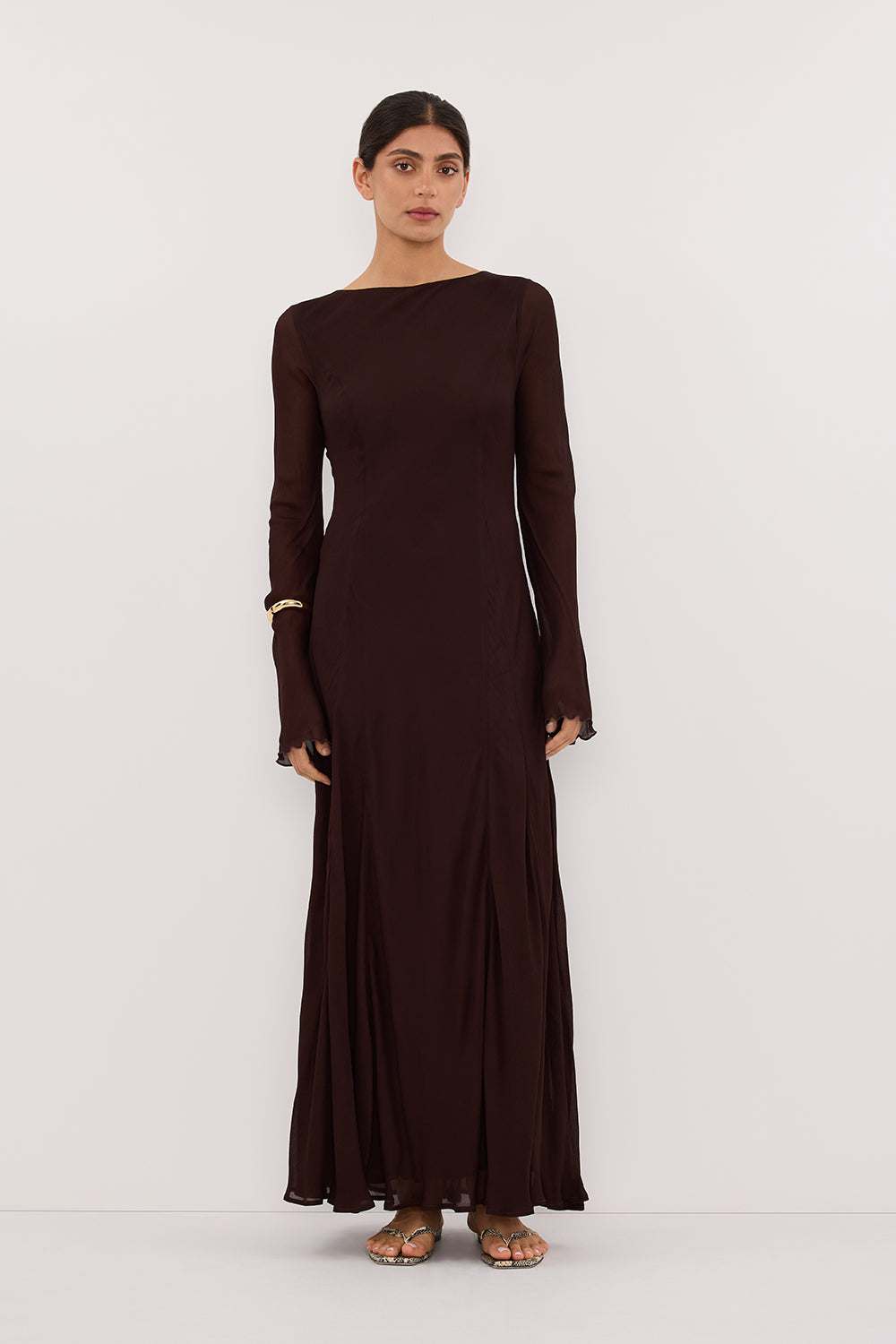 Elodie Dark Choc Long Sleeve Maxi Dress - 2 / Dark Chocolate