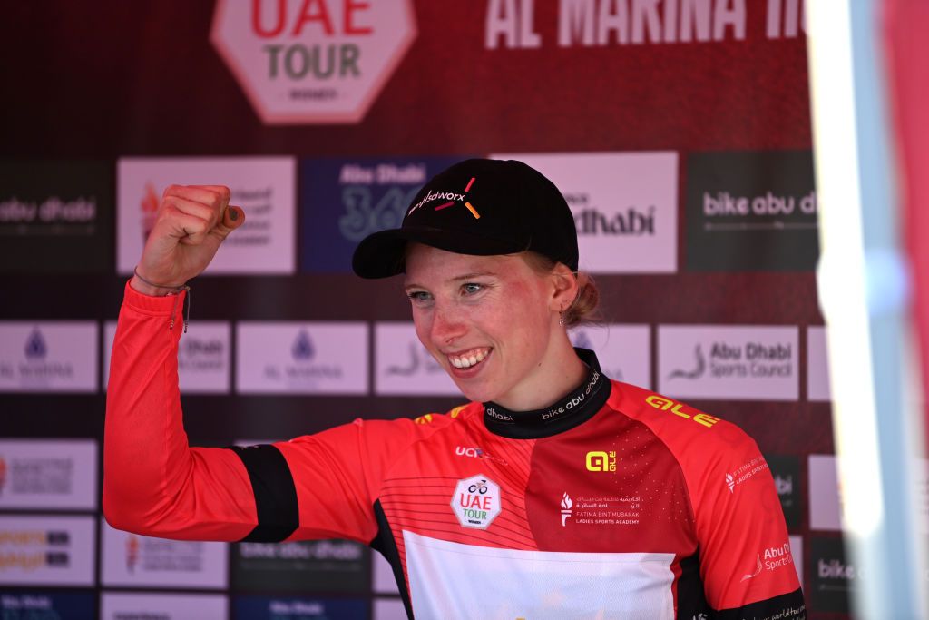 AL MIRFAUNITED ARAB EMIRATES FEBRUARY 10 Lorena Wiebes of The Netherlands and Team SD Worx Red Leader Jersey meets the media press after the 1st UAE Tour Women 2023 Stage 2 a 133km stage from Al Dhafra Castle to Al Mirfa UAETourWomen on February 10 2023 in Al Mirfa United Arab Emirates Photo by Tim de WaeleGetty Images