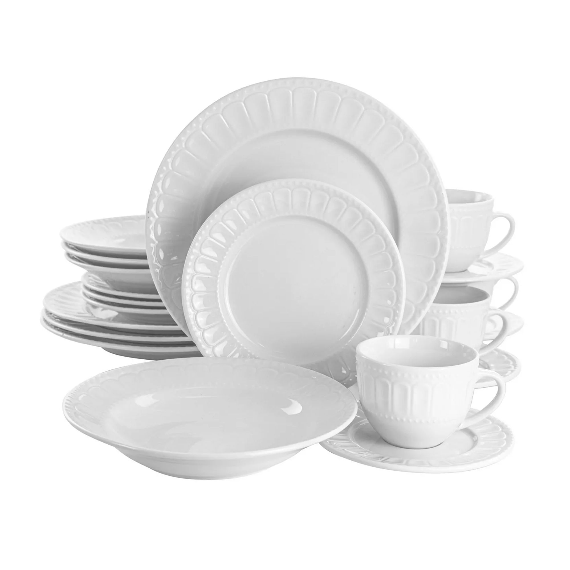 White dinnerware set with scalloped engraving on the rim