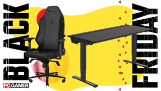 Secretlab Titan Evo and Magnus Pro on a yellow background