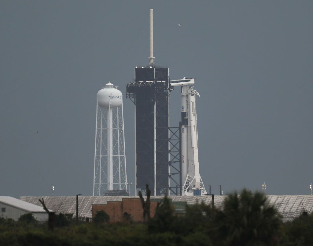 The SpaceX Falcon 9 rocket with the Crew Dragon spacecraft attached sits on launch pad 39A at the Kennedy Space Center on May 27, 2020 in Cape Canaveral, Florida