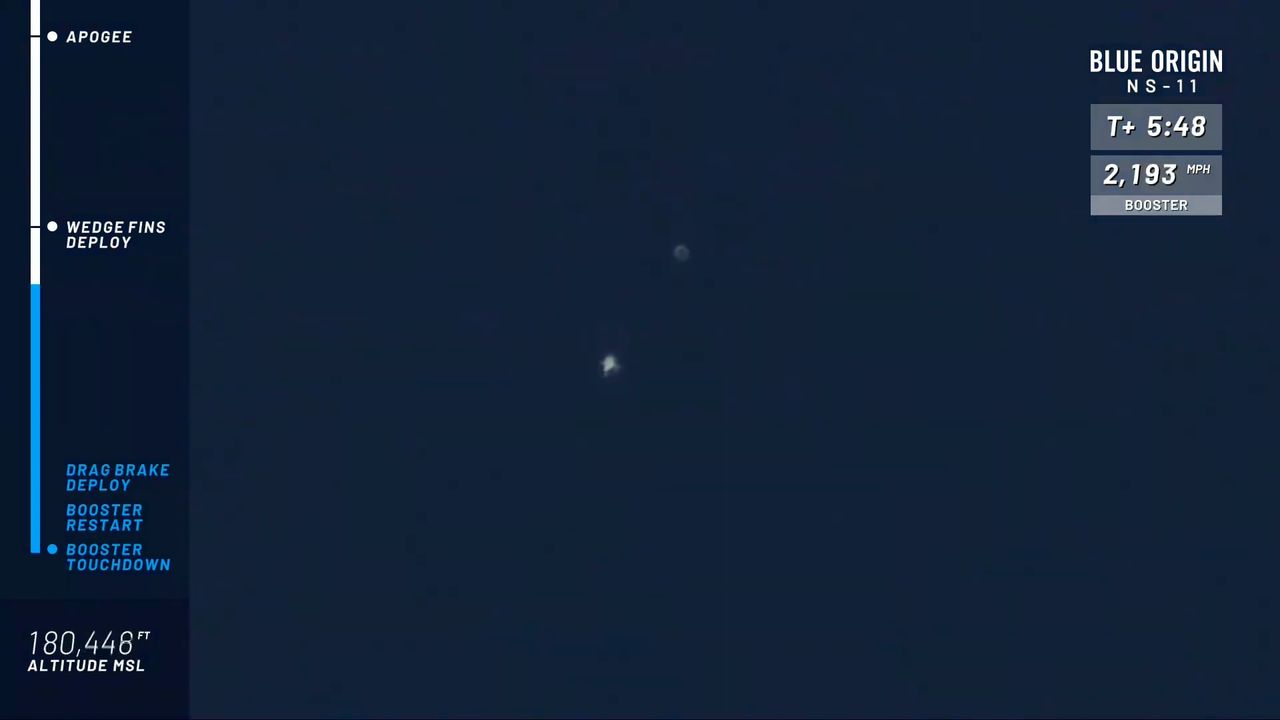The New Shepard capsule (top right) and booster are seen just after separation. This is the fifth spaceflight for both vehicles.
