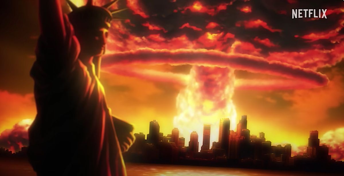 A massive mushroom cloud erupts behind the Statue of Liberty