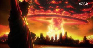 A massive mushroom cloud erupts behind the Statue of Liberty