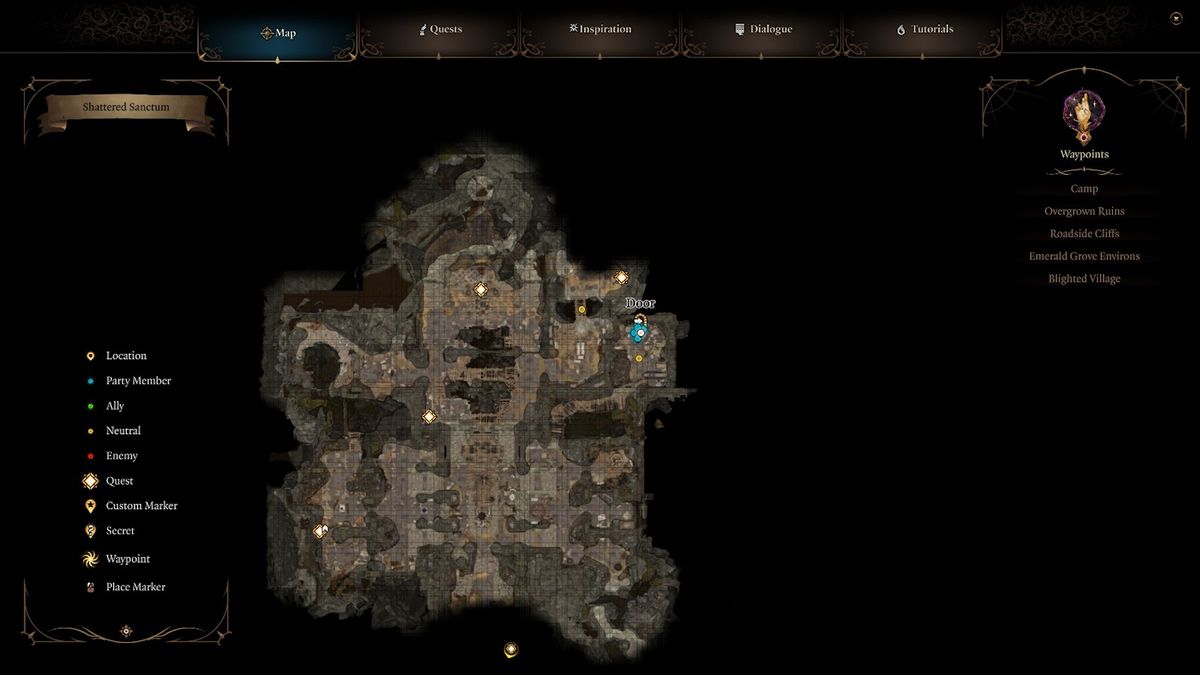 Baldur's Gate 3 companions - Halsin's location on the Shattered Sanctum map
