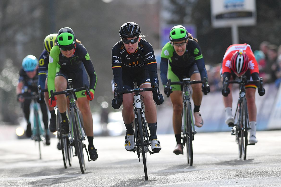 Jolien D'Hoore finished seventh at the Omloop Het Nieuwsblad