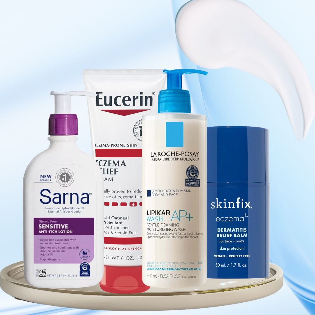 collage of eczema safe skincare products on a blue background