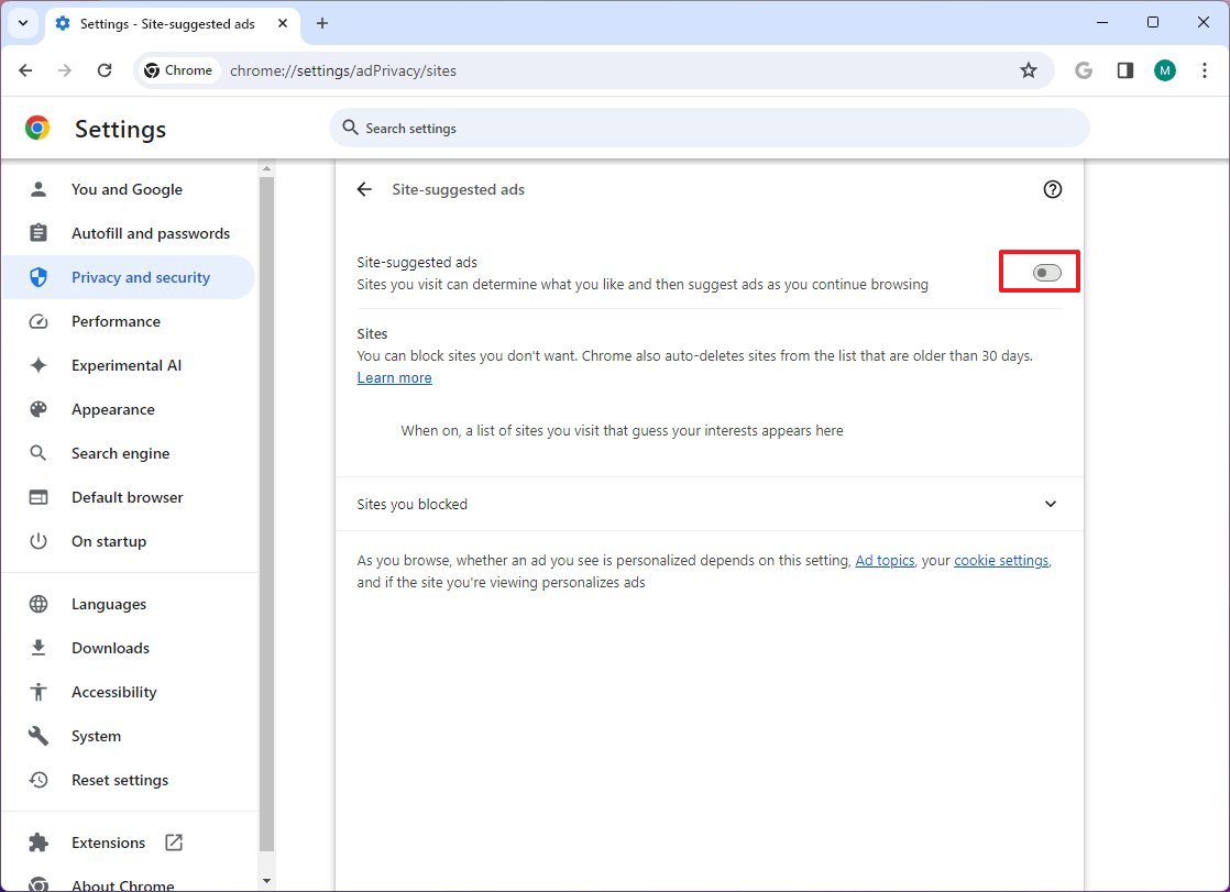 Chrome disable Site-suggested ads