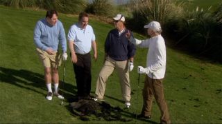 Larry and friends with dead black swan in Curb Your Enthusiasm