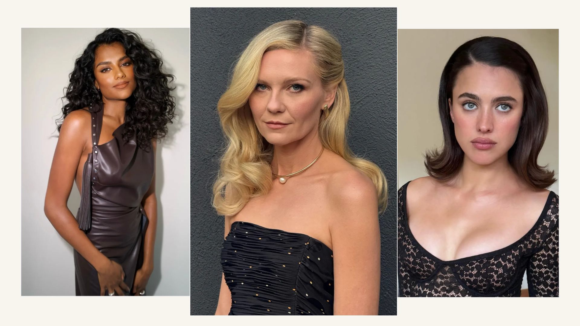 Simone Ashley, Kirsten Dunst and Margaret Qualley with side part hairstyles