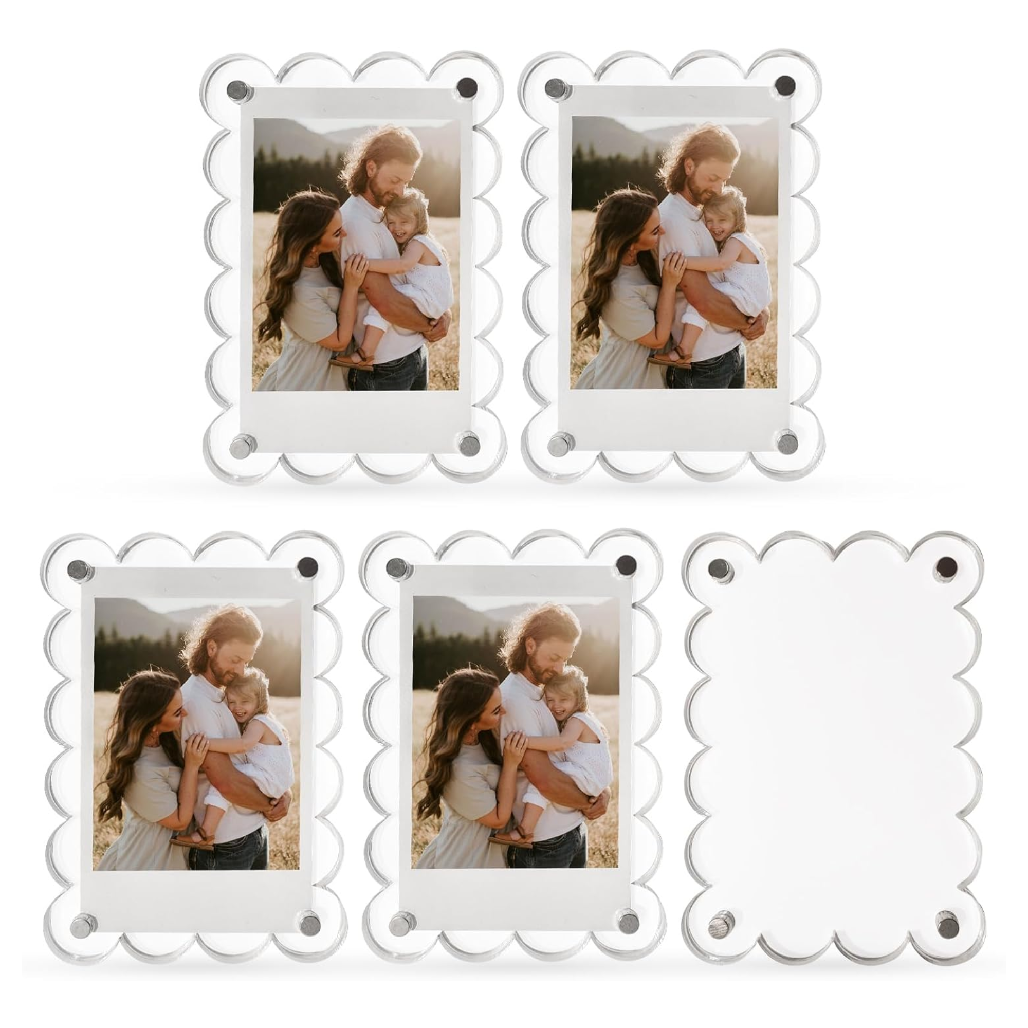 set of five picture frames with scalloped borders