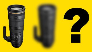 Nikon AF‑S 120‑300mm f/2.8E FL ED SR VR on yellow background next to blurry image of same lens next to question mark 