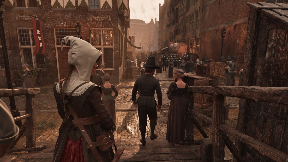 A screenshot from 1666: Amsterdam, showing a view down a street.