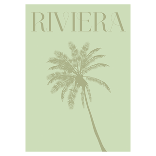 A light green poster with a palm tree and the word "riviera"