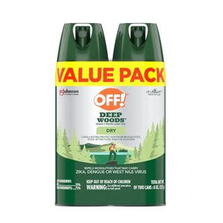 Two dark green bottles of 'Off' spray with a sky and hilled landscape illustration on the label of the bottle and a yellow stripe on top that says 'value pack'