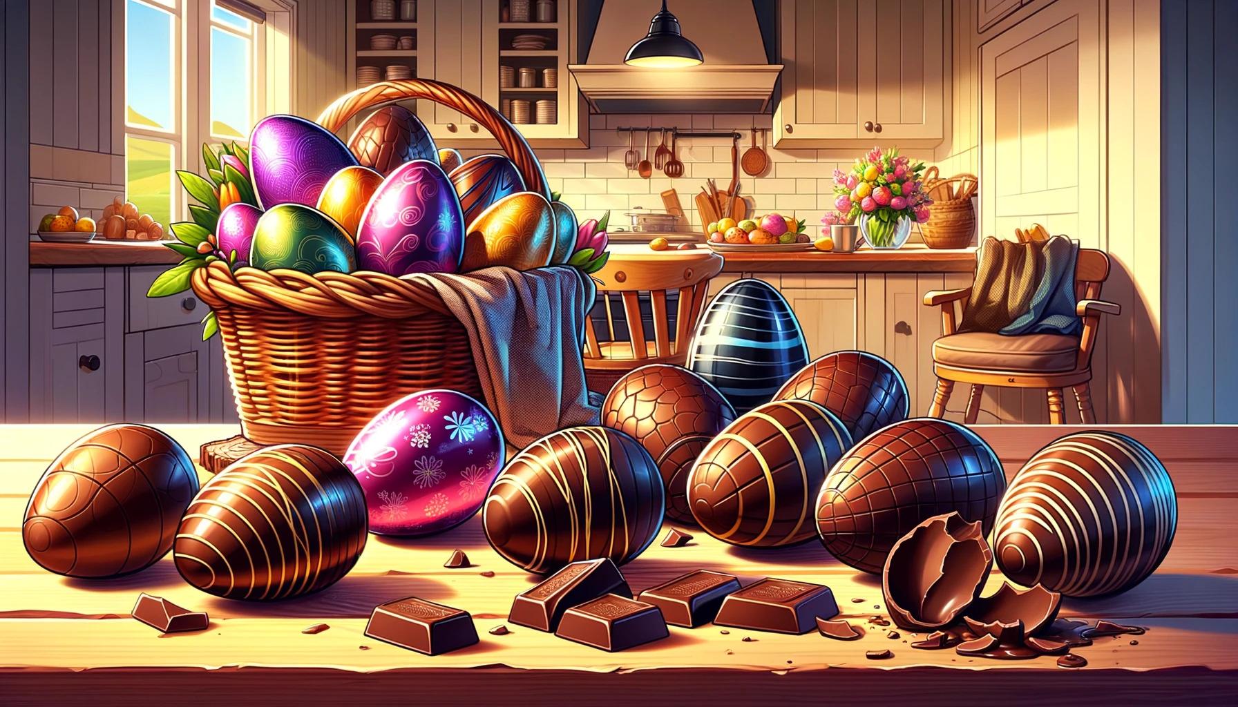  A cartoon-style illustration showcasing an assortment of luxurious chocolate Easter eggs, beautifully wrapped in shiny, colorful foil. The eggs are placed against a backdrop of a cozy, warm kitchen with a basket filled with more chocolate eggs and a few unwrapped ones revealing their rich, dark chocolate interior. 