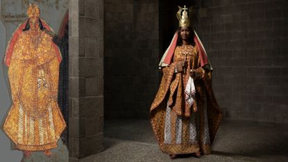 A model wears colorful patterned clothing with an ancient painting cutout next to the model for comparison