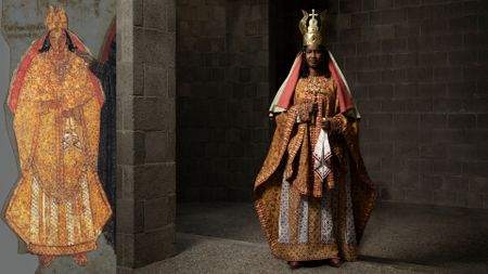 A model wears colorful patterned clothing with an ancient painting cutout next to the model for comparison