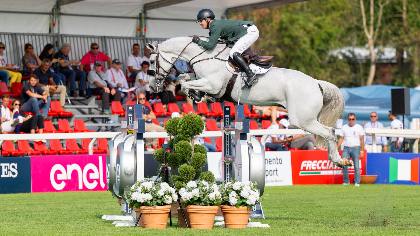 Shane Sweetnam and James Kann Cruz, who jumped a clear for Ireland on day two of the European Showjumping Championships in Milan, Italy