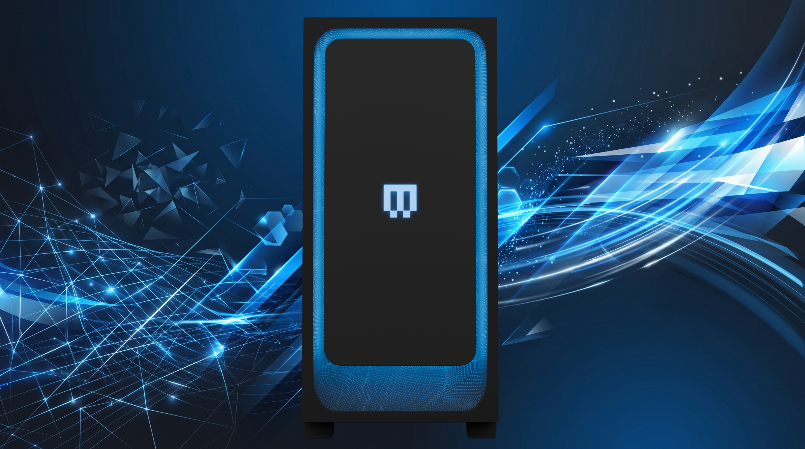 A sleek black computer tower with a glowing blue border and a futuristic logo stands against a dynamic background of blue light beams and digital graphics, conveying a high-tech, innovative feel.