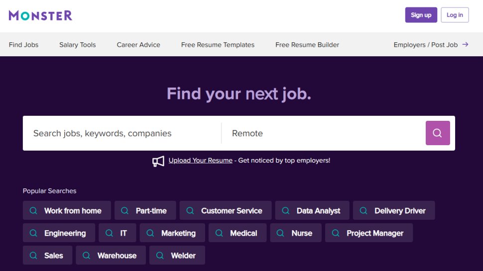 Website screenshot of Monster (January, 2026)