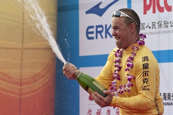 Cop this: Stage winner Yuriy Metlushenko (Ukrainian National Team) sprays the champers around in Sanya.