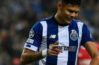 Porto's Brazilian forward #30 Evanilson Barbosa celebrates scoring his team's first goal during the UEFA Champions League group H football match between FC Porto and Antwerp FC at the Dragao stadium in Porto on November 7, 2023.
