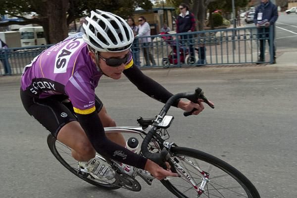 Tour leader James Williamson (Hyster-Total Rush) leans into a bend with a feel for the brakes during racing in Swan Hill