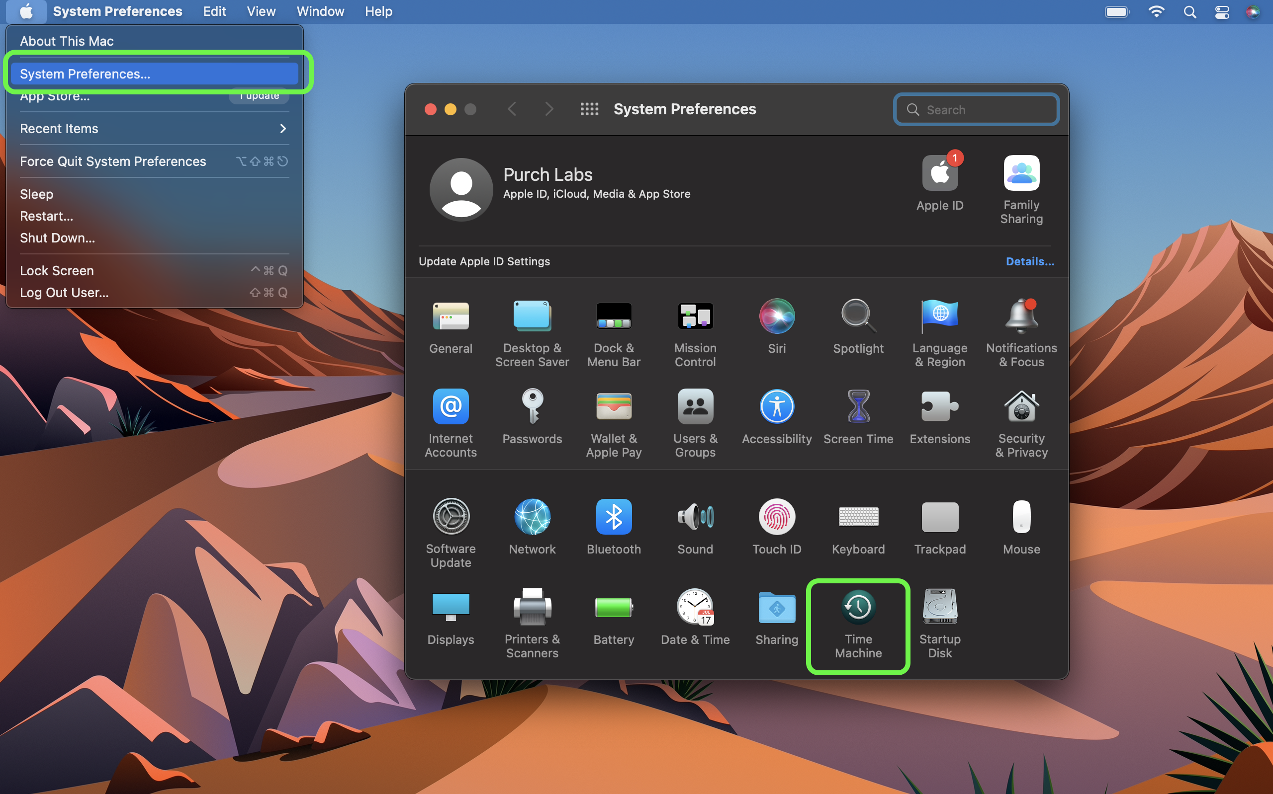macOS desktop showing Time Machine selected in System Preferences menu