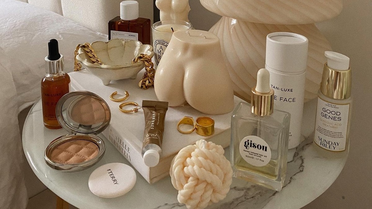 Photo of beauty products on an elegant table
