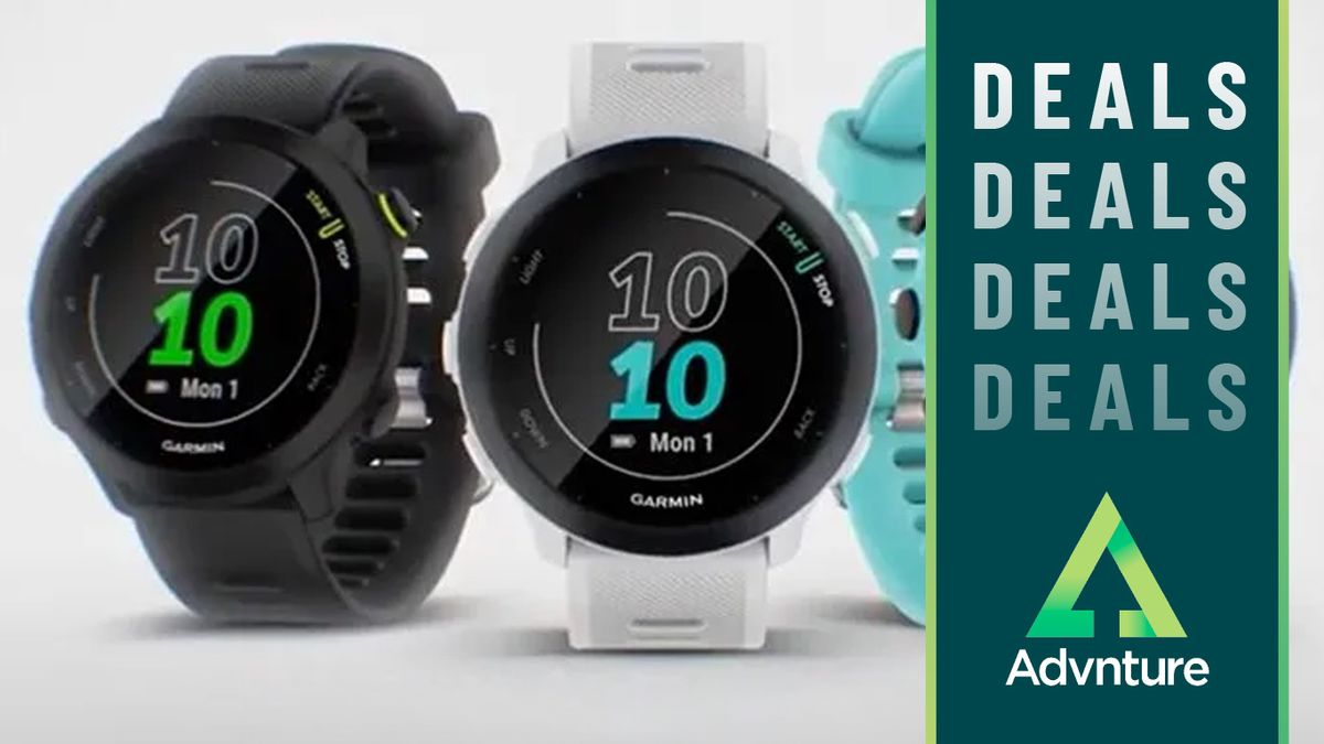 Garmin Forerunner 55 watch in aqua, white, and black color options