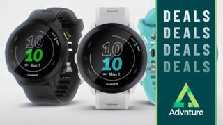 Garmin Forerunner 55 watch in aqua, white, and black color options