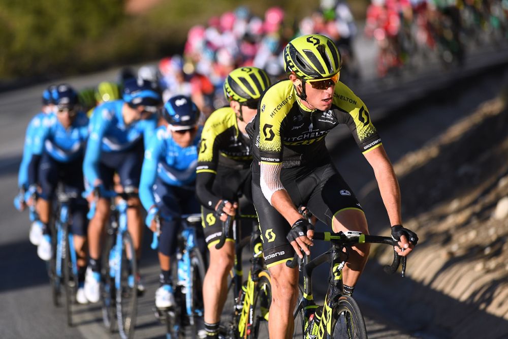 Robert Power (Mitchelton-Scott) leads the peloton during stage 2 at Volta a Catalunya