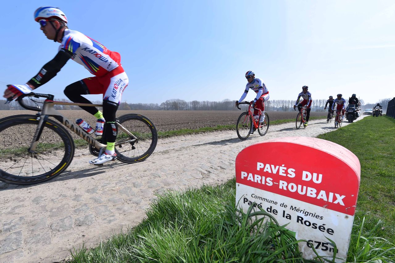 The Katusha team recons the Paris-Roubaix course