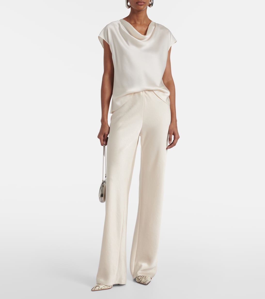 High-Rise Satin Wide-Leg Pants in White - Vince
