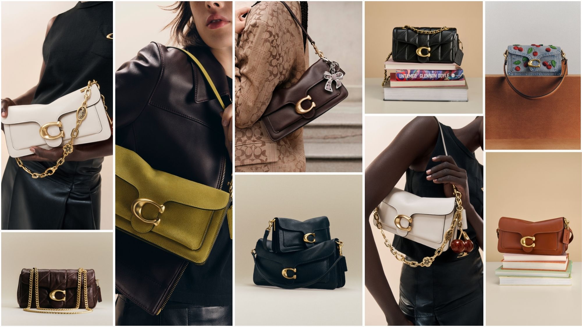 collage of models wearing and still life of Coach Tabby bag