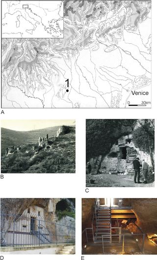 The location and images of San Bernardino Cave in Italy.